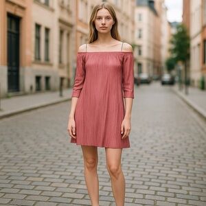 🤑 4/$24 VIBE Accordion Elbow Length Sleeve Babydoll Midi Pink Dress